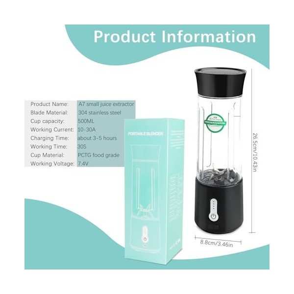 500ml Tragbarer Mixer für Smoothies und Shakes,Mixer Smoothie Maker To Go,Mini Standmixer Tragbar mit 6-Klingen Edelstahl,Wie