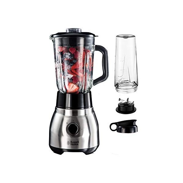 Russell Hobbs Blender [Polyvalent, Puissant & Rapide] Essential Bol en verre 1,5L + Gourde Nomade, 4 Lames en acier Inox, 2 
