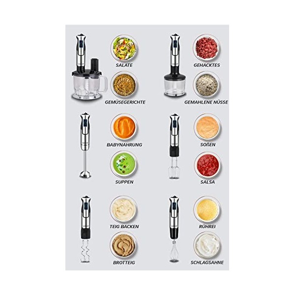 Lehmann Chopsui Mixeur plongeant 1200 W, Mixeur Plongeur avec 8 niveaux de vitesse en acier inoxydable, Mixeur blender pour A