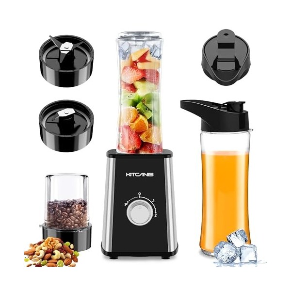 KITCANIS Mini Smoothie Maker 3 en 1, Mixeur électrique 800W, 3 vitesses réglables 2 bouteilles portables de 600 ml et 300 ml 