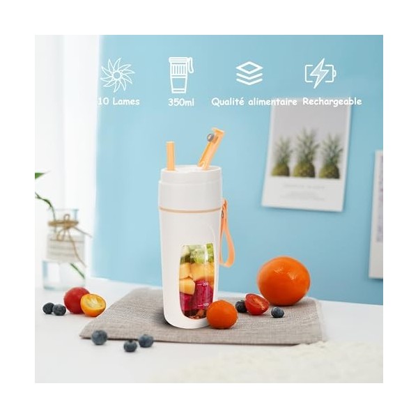Hyindoor Mixeur Portable pour Smoothie et Fresh Juice Mini Blender Portable Sans Fil avec 10 Lames USB-C Rechargeable Petit M