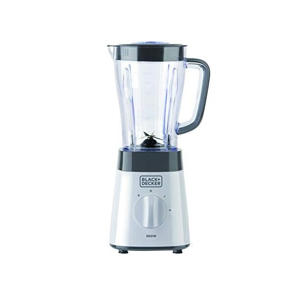 BLACK+DECKER BXJB500E - Blender mixeur 500W, bol en plastique 1.5L, 2 vitesses + Pulse, 4 lames en acier inoxydable, blanc et