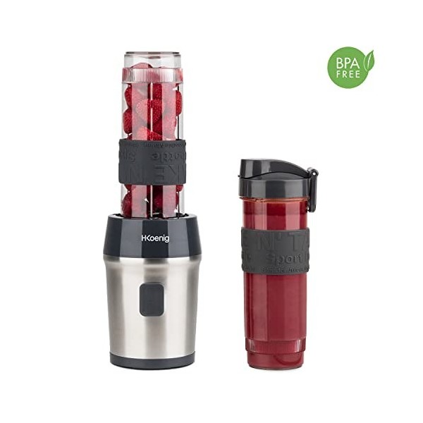 H.Koenig Mini Blender Smoothie Transportable Compact 570mL SMOO9 Sans BPA Puissant 300W, Mixeur à Smoothie 2 Bouteilles Porta