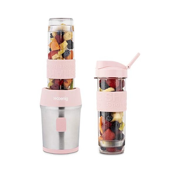 H.Koenig Mini Blender Smoothie Transportable Compact 570mL SMOO12 Sans BPA Puissant 300W, Mixeur à Smoothies 2 Bouteilles Por