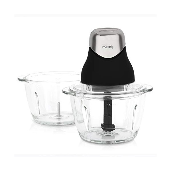 H.Koenig Mini Hachoir Electrique Noir Mat Chrome LEO9 Résistant Bol Verre Gradué 1L Lames INOX, Facile dutilisation, Légumes