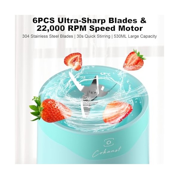 COKUNST Mixeur Portable pour Smoothies et Shakes, Mélangeur Personnel 530ml avec Couvercle de Base, Mini Blender Rechargeable