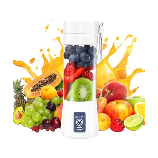 Mixeur portable pour smoothies et milk-shakes, 380 ml, mini mixeur avec 6 lames en acier inoxydable, rechargeable de type C, 