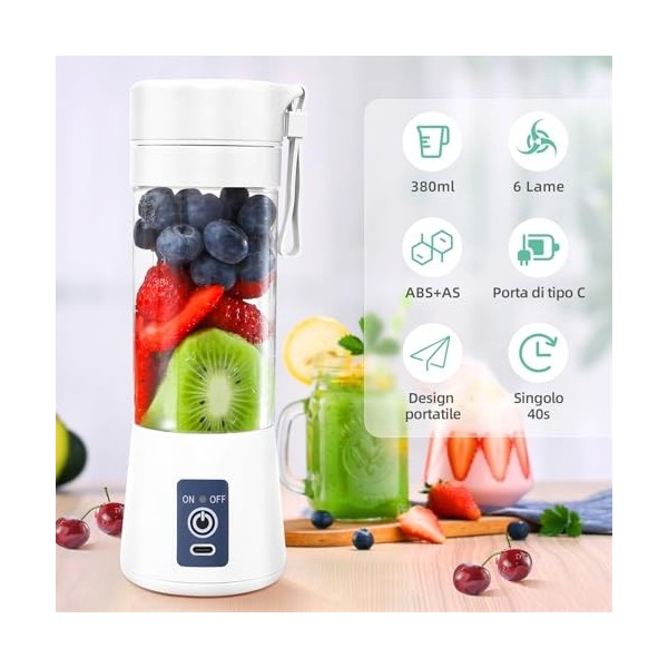 Mixeur portable pour smoothies et milk-shakes, 380 ml, mini mixeur avec 6 lames en acier inoxydable, rechargeable de type C, 