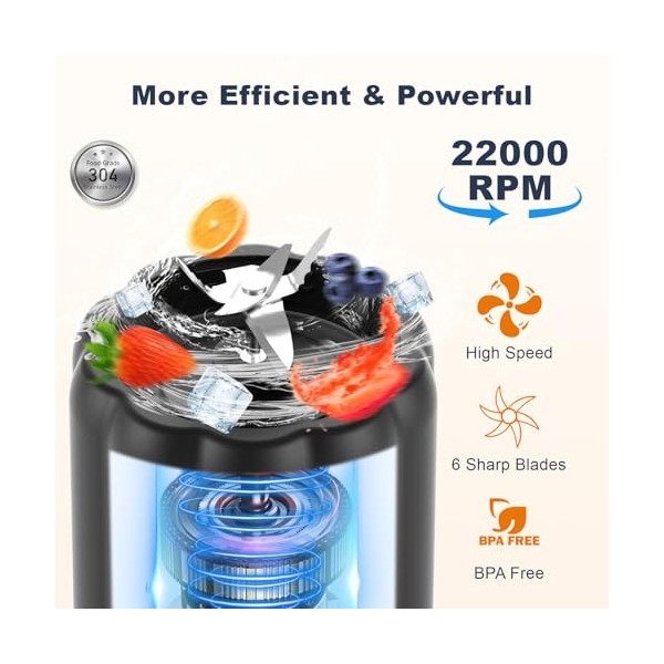 COKUNST Blender Portable pour Shakes et Smoothies, 22000 TR/min Puissant Mixeur Smoothie avec 6 Lames, 500 ml Mini Mixeur ave