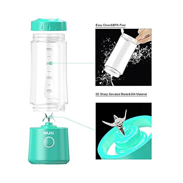 Mulli Mixeur portable rechargeable par USB pour smoothies et milkshakes, mini mélangeur avec six lames pour nourriture pour b
