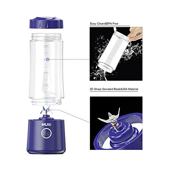 Mélangeur portable Mulli, mélangeur personnel rechargeable USB-C 14 oz pour smoothie et shakes, mini mélangeur avec six lames