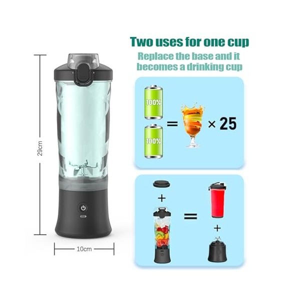 Idota 600 ml Mixeur Portable Blender Smoothie avec 6 Lames, USB Rechargeable Blender Portable pour Salle de Sport, Bureau, Ca