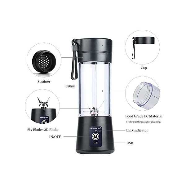 Mixeur Portable, Mixeur électrique USB, Mini Mélangeur Portable pour Shakes et Smoothies, jus, 380 ml, 6 lames idéales pour M