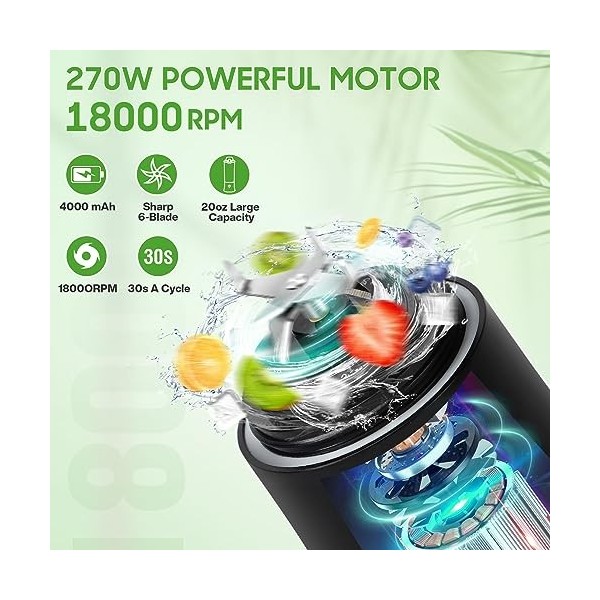 Mixeur à smoothie - 600 ml - Portable - Pour shakes et smoothies - Avec 6 lames ultra tranchantes - Forte puissance de coupe 