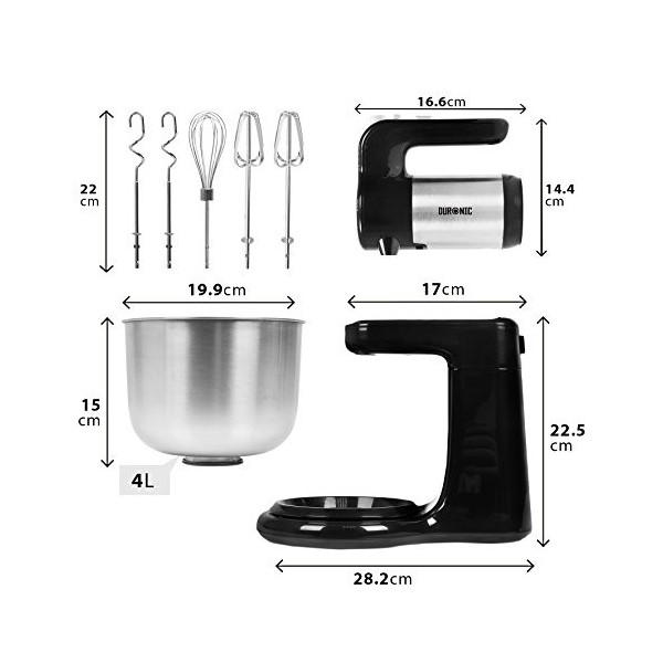 Duronic SM3 Batteur électrique sur socle de 300W avec bol de 4 litres 2 Batteurs 2 Crochets à pétrir 1 Fouet Idéal pour battr