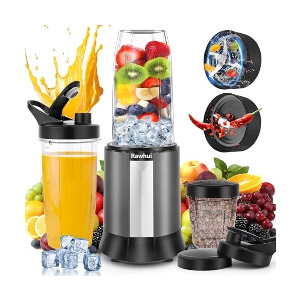 Rawhui Mixeur à smoothie, 1300 W, mixeur électrique, avec 2 bouteilles et 6 lames en acier inoxydable, mixeur haute performan