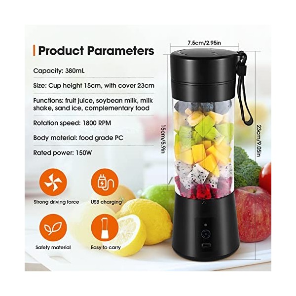 Mixeur Portable pour Smoothie, 380ml Mixeur Portable pour Shakes et Smoothies Mini Mixeur Smoothie, avec Bouteille en Verre, 