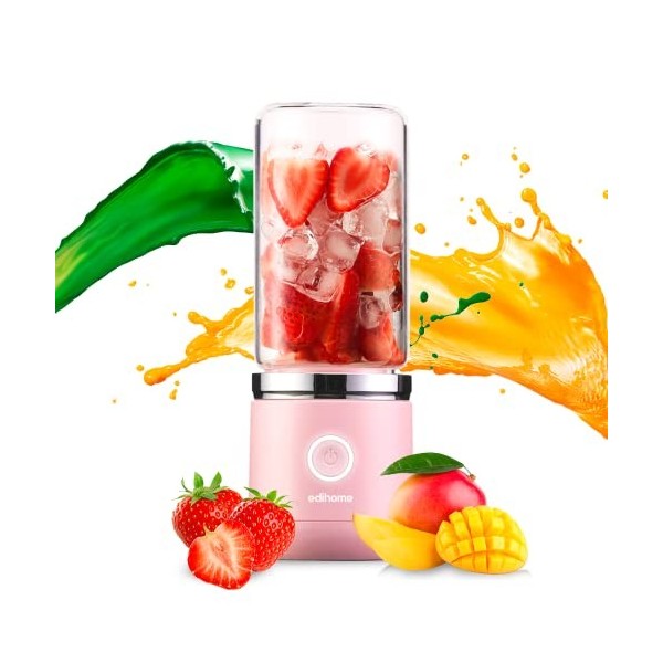 Edihome, Blender Portable, Mini mixeur, Blender Smoothie, Fruits et Légumes, Mini Mixeur Électrique, avec Bouteille en Verre,