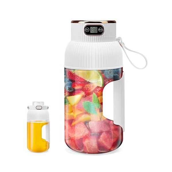 Mélangeur de jus portable, 1,2 L, 10 lames avec batterie de 2600 mAh, poignée antidérapante et affichage numérique, mélangeur