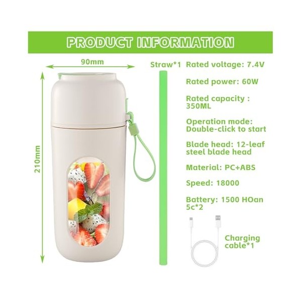 Mixeur Portable, Blender Électrique, Mixeur Smoothie, 350ml Blender Mixeur, Blender Smoothie, Rechargeable Mélangeur avec 12 