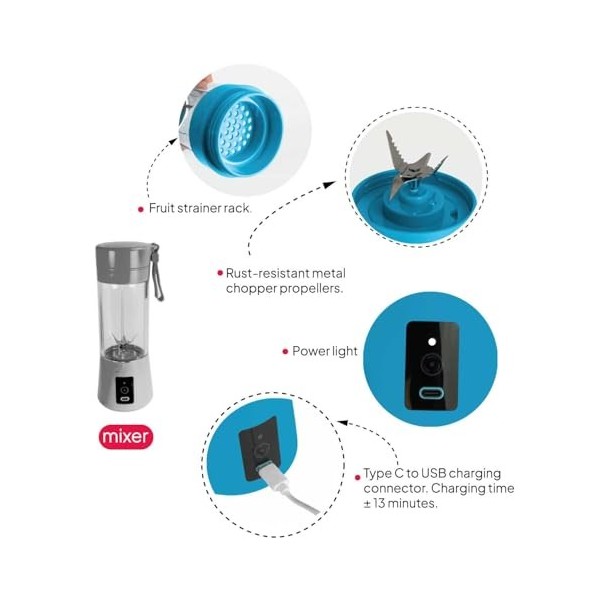 OcioDual Mélangeur Portable pour Smoothies, Milkshakes, Cocktails, Shakes Protéinés, Mélangeur de Jus 380ML, Rechargeable USB