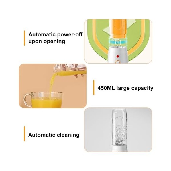 Mixeur Portable, 450ML Mini Blender Gobelet USB, Petit Mélangeur de Jus à 2 Bouteilles avec Fonction de Nettoyage Automatique