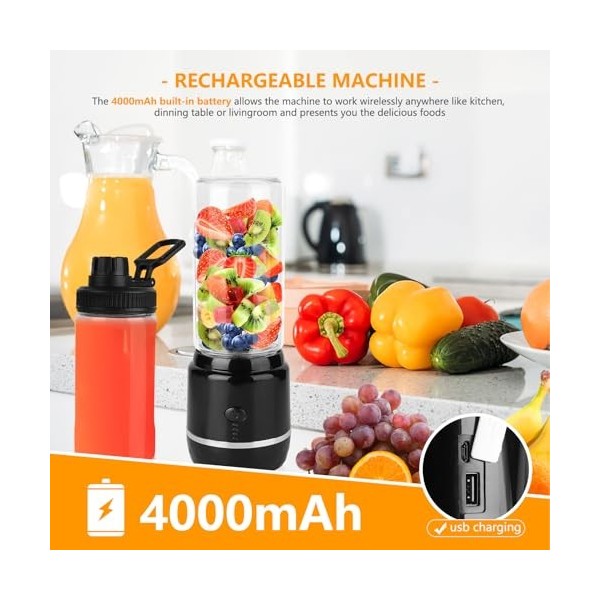 Blender portable pour les shakes et smoothies Blender Personal Juicer USB rechargeable 4000mAh Grande Batterie Blades en acie