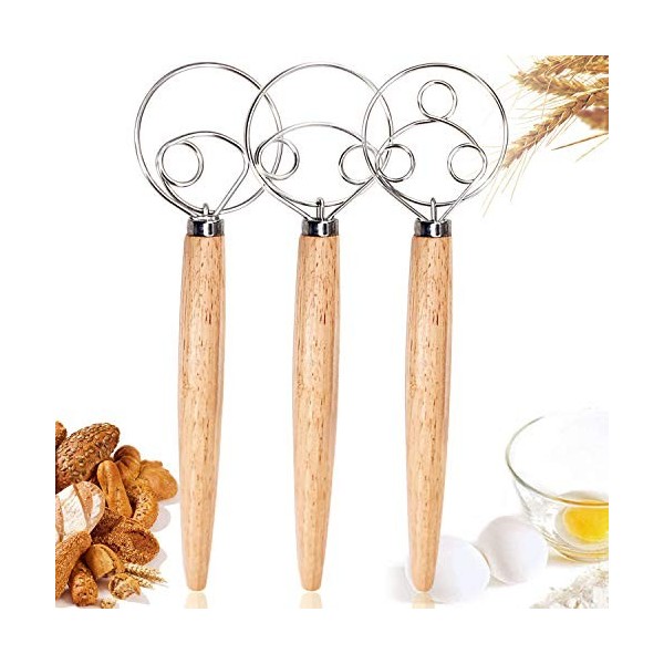 3 pièces Fouet à pâte danois, Kalolary mélange le fouet pour la cuisson dans la cuisine Manche en bois Acier inoxydable Mélan