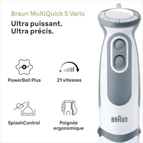 Braun MultiQuick 5 Vario MQ5220WH, Mixeur Plongeant, Mini Hachoir, Verre Doseur, Anti-Éclaboussure
