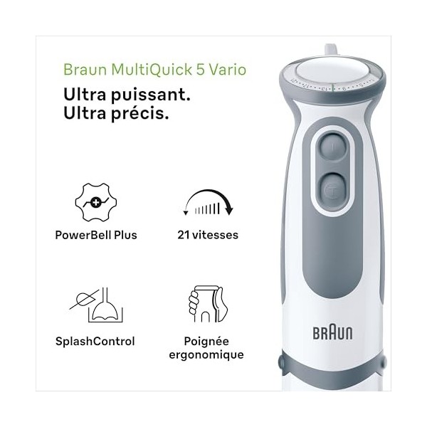 Braun MultiQuick 5 Vario MQ5220WH, Mixeur Plongeant, Mini Hachoir, Verre Doseur, Anti-Éclaboussure