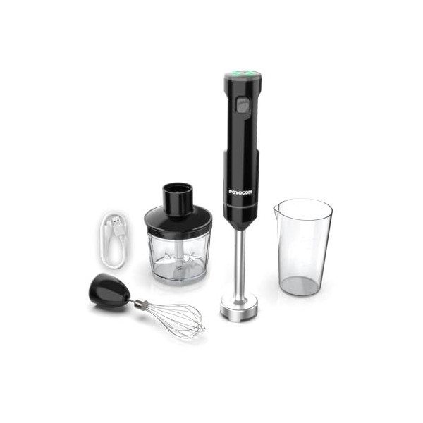 POYOCOM Mixeur plongeant sans fil, mixeur à immersion rechargeable, avec câble de type C, fouet à œufs, hachoir de 500 ml, ré