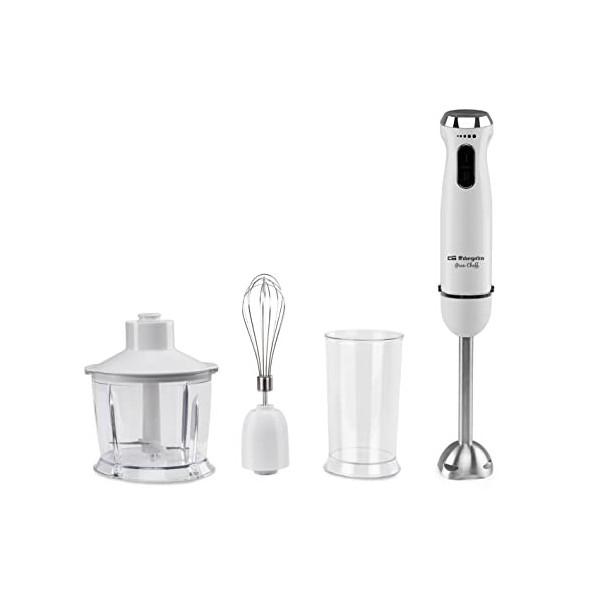 Orbegozo BT 2690 Mixeur plongeant, sélecteur de vitesse, 2 boutons, fonction turbo, accessoires, bras en acier inoxydable, sa