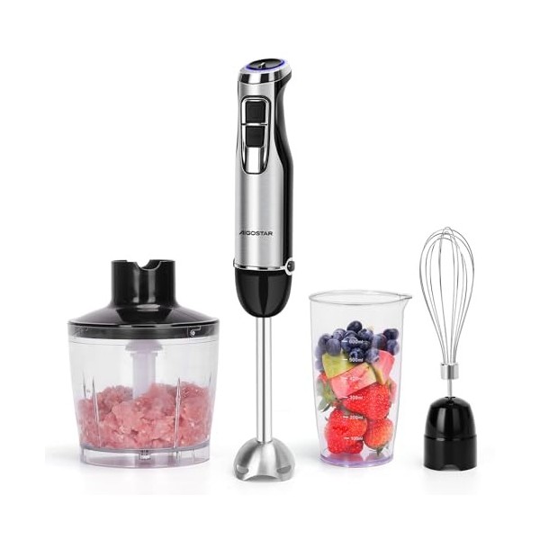 Aigostar Buckle - Mixeur plongeant 4 en 1 de 1000W. Mixer plongeur avec 6 vitesses + Turbo. Mixeur multifonction avec hachoir