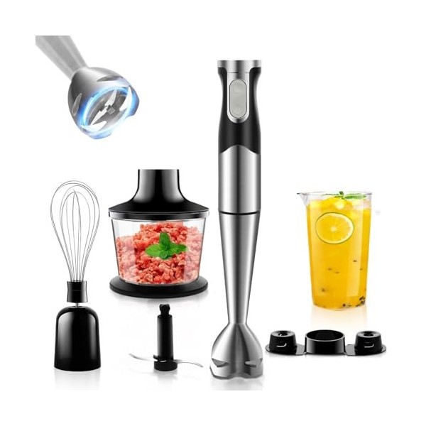NWOUIIAY Mixeur Plongeant Électrique 6 en 1 Mélangeur à Main 1200W Vitesses Réglable avec Mesurer Hachoir Fouet Lames en Acie