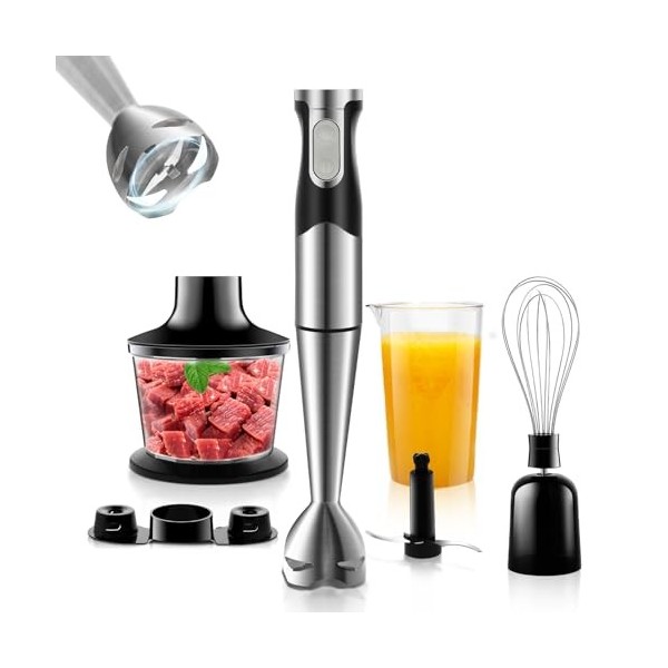 NWOUIIAY 6 en 1 Mixeur Plongeant 1200W Vitesse Réglable Mélangeur à Main Anti-Éclaboussures avec Lames en Acier Inoxydable Mé