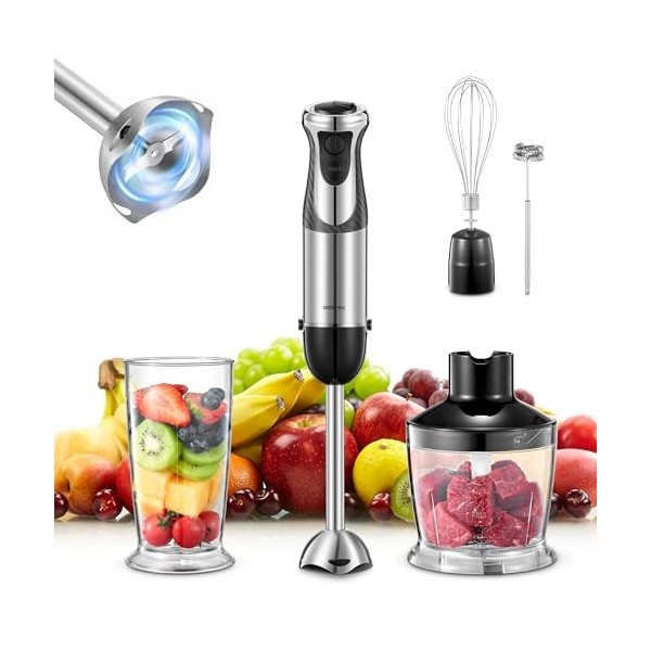 Mixeur Plongeur, Reemix 5-en-1 Mixeur Plongeur de 1000W avec 12 Vitesses et mode turbo, Mélangeur avec Fouet Cuisine Mousseur