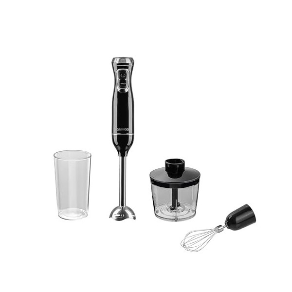 Daewoo SDA1622GE Ensemble mélangeur manuel 600 W noir et argent avec fouet, hachoir et pichet et 2 interrupteurs de vitesse t