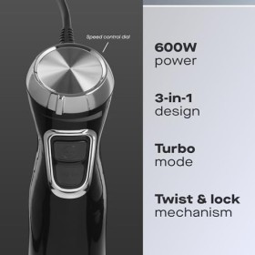 Daewoo SDA1622GE Ensemble mélangeur manuel 600 W noir et argent avec fouet, hachoir et pichet et 2 interrupteurs de vitesse t