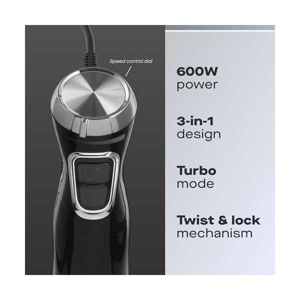 Daewoo SDA1622GE Ensemble mélangeur manuel 600 W noir et argent avec fouet, hachoir et pichet et 2 interrupteurs de vitesse t