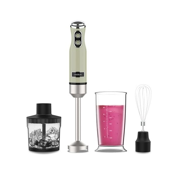 Cecotec Blender Power RetroGreen 1200MAX Cream&Crush. Mixeur plongeant rétro dune puissance maximale de 1200 W, lame à 4 lam