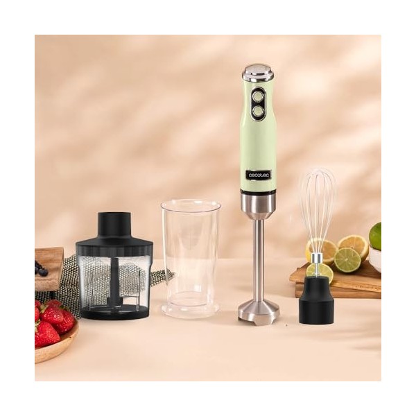 Cecotec Blender Power RetroGreen 1200MAX Cream&Crush. Mixeur plongeant rétro dune puissance maximale de 1200 W, lame à 4 lam