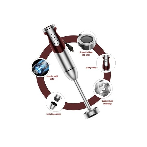 Megawise Pro Titanium Enhanced 3 - en - 1 immersion cordon mélangeur à main puissant moteur avec 80% de lames tranchantes 12 