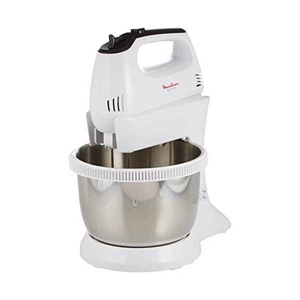 MOULINEX Mélangeur manuel avec support et bol en acier inoxydable.