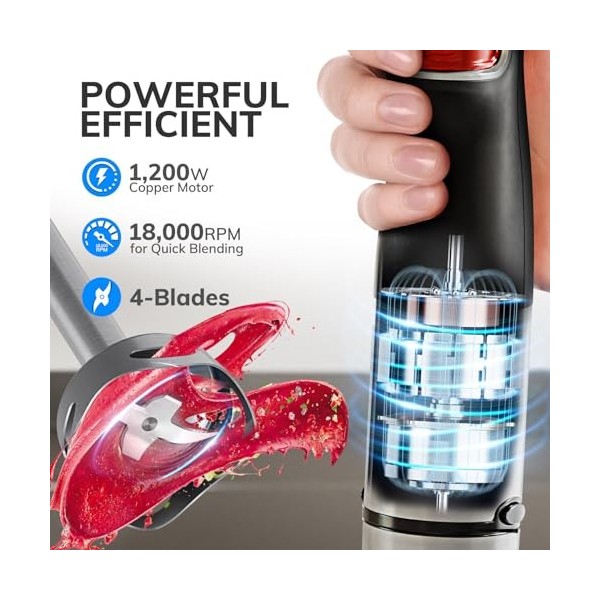 MIUI Mélangeur portatif à immersion de 1200 W, mélangeur à main pour cuisine, lame en acier inoxydable à 14 vitesses et bâton