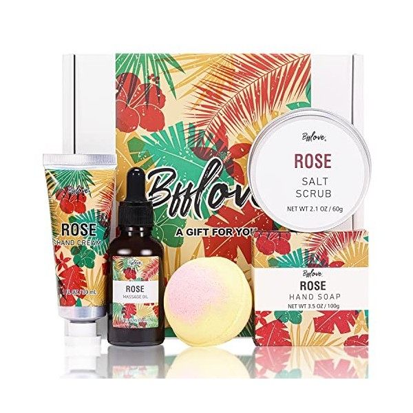 Coffret Cadeau Spa pour Femme - 5Pcs Coffret Cadeau de Bain à la Rose Compris Gommage, Bombes de Bain, Huile de Massage, Crèm