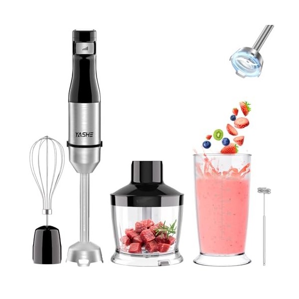 YASHE Mixeur Plongeant 5 en 1, Mixeur à Main Électrique 1000W, Mixeur à Vitesse Réglable en Continu, en Acier Inoxydable, Ens