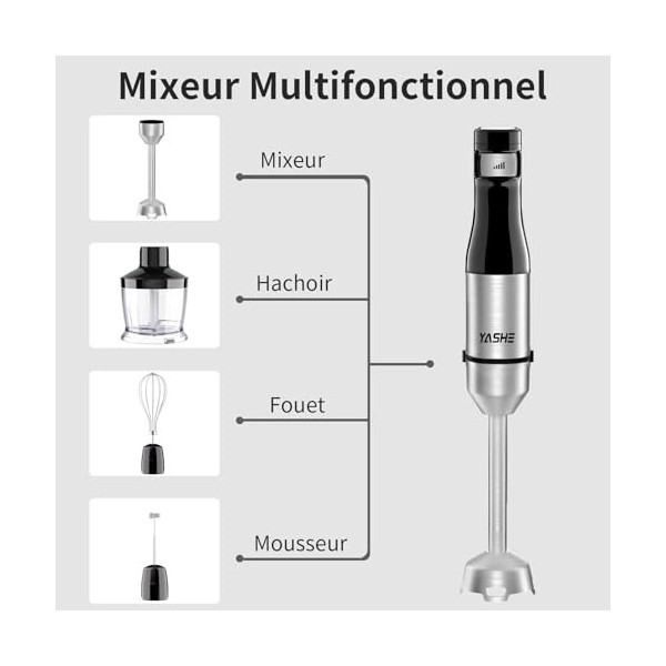 YASHE Mixeur Plongeant 5 en 1, Mixeur à Main Électrique 1000W, Mixeur à Vitesse Réglable en Continu, en Acier Inoxydable, Ens