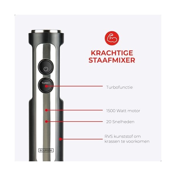 Bourgini Classic Mixeur plongeant extra puissant avec 20 vitesses et mode turbo – Hachoir – 1200 W.