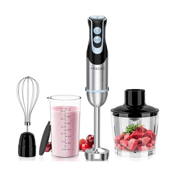 FRESKO Mixeur plongeant 1000 W avec 12 niveaux de vitesse, bouton turbo, gobelet de 700 ml avec couvercle, en acier inoxydabl