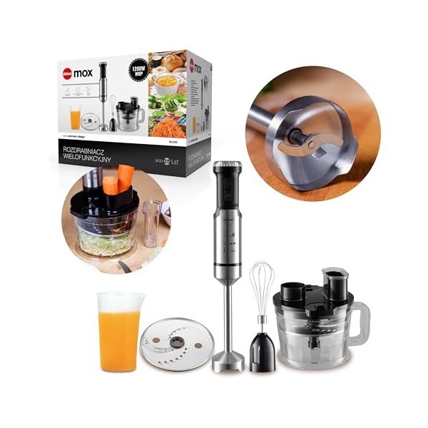 Mixeur plongeant, mixeur multifonction électrique avec conteneur de 1,25l et gobelet doseur de 700ml, lame en acier inoxydabl